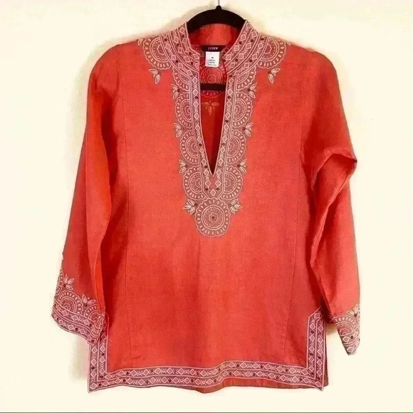 J. Crew Tops - J. Crew Coral Embroidered Embellished V-Neck Linen Kimono Tunic Top Size XS